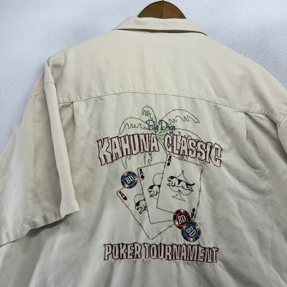 Vintage Big Dogs Hawaiian Shirt mens XL Beige Silk Loop Collar Camp Poker Kahuna